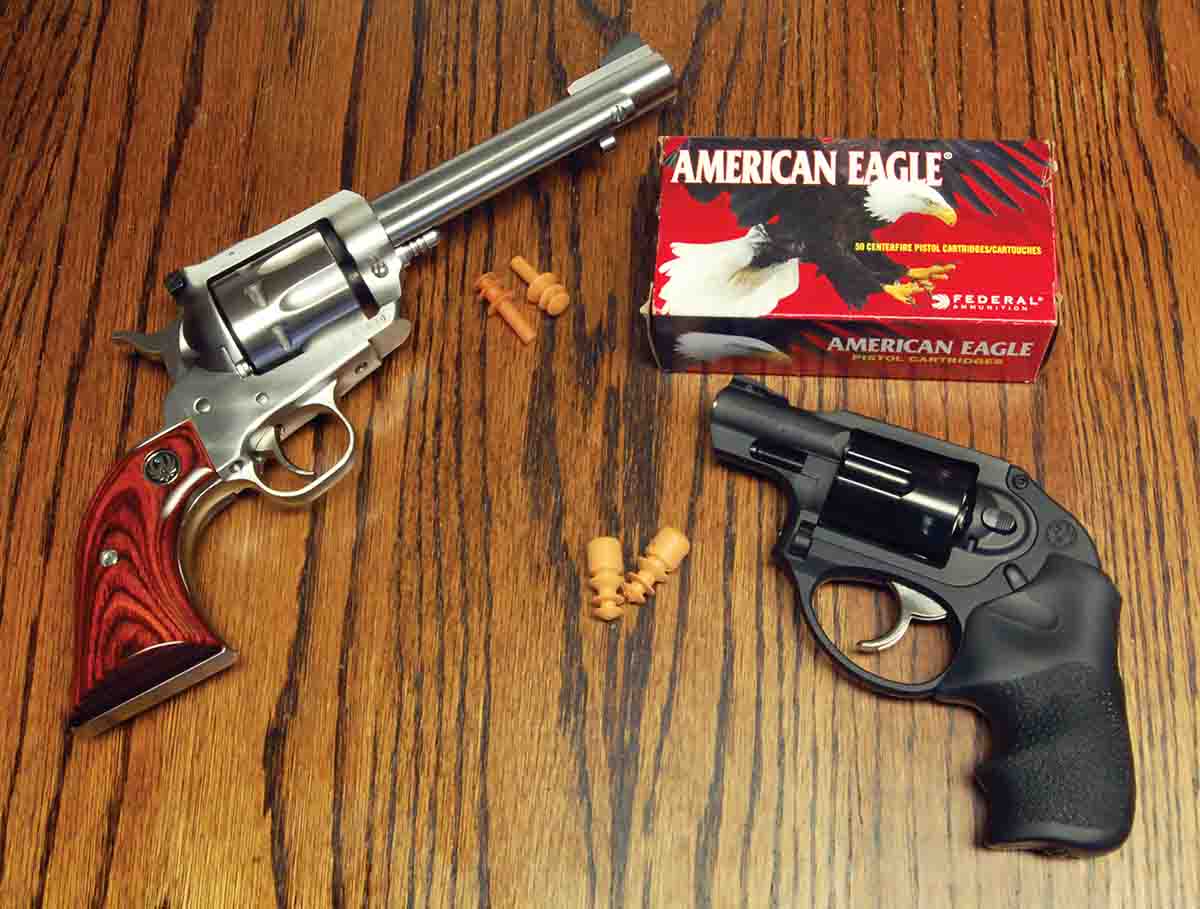 A pair of .327 Federal Magnums: the eight-shot, Ruger Blackhawk and the Ruger LCR.